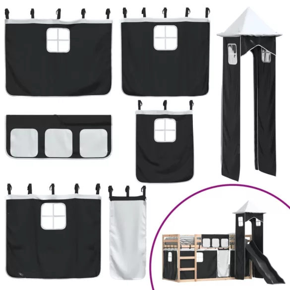 fehér-fekete emeletes ágy csúszdával és függönnyel 90 x 190 cm