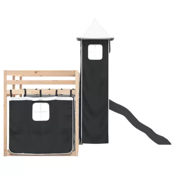 fehér-fekete emeletes ágy csúszdával és függönnyel 90 x 190 cm