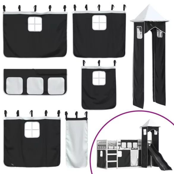 fehér-fekete emeletes ágy csúszdával és függönnyel 90 x 190 cm