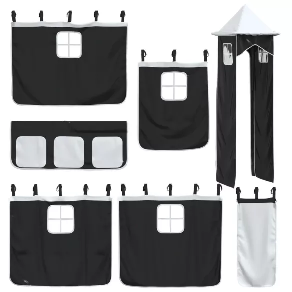 fehér-fekete emeletes ágy csúszdával és függönnyel 90 x 190 cm