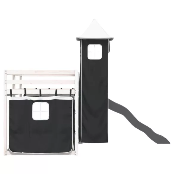 fehér-fekete emeletes ágy csúszdával és függönnyel 90 x 190 cm