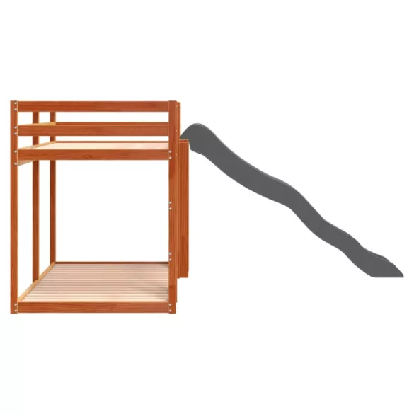 barna tömör fenyő emeletes ágy csúszdával és létrával 90x200 cm