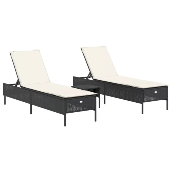 3 részes fekete polyrattan napozóágy szett párnával