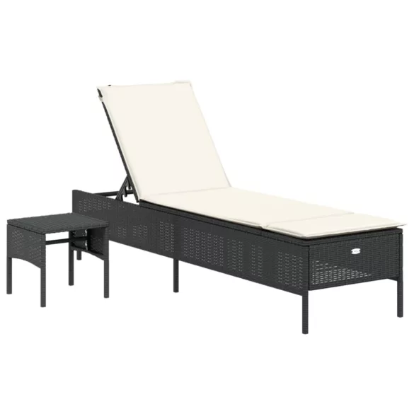 3 részes fekete polyrattan napozóágy szett párnával