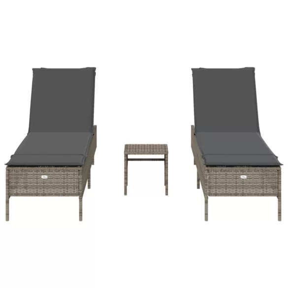 3 részes szürke polyrattan napozóágy szett párnával
