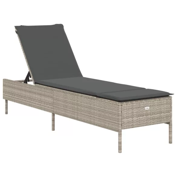 3 részes világosszürke polyrattan napozóágy szett párnával