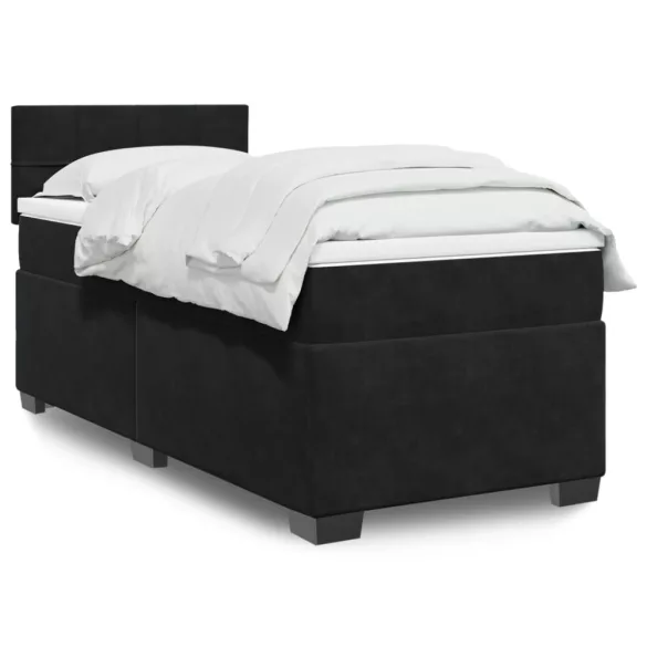 fekete bársony rugós ágy matraccal 80 x 200 cm