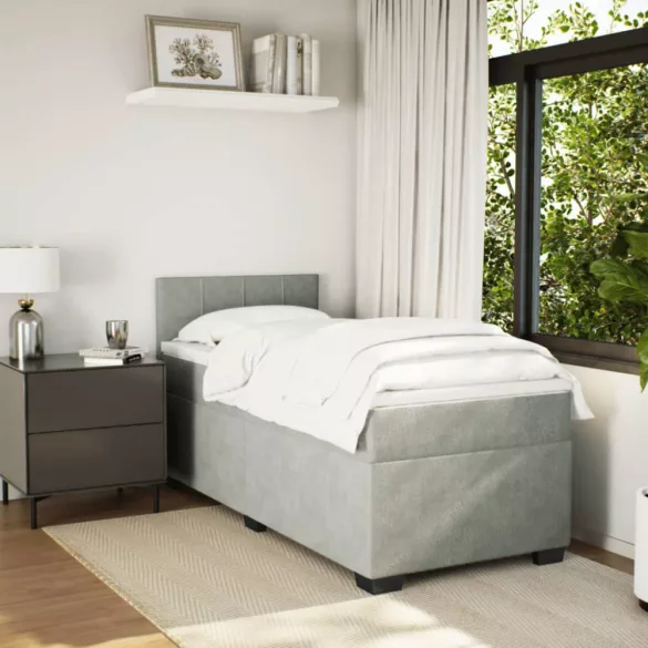 világosszürke bársony rugós ágy matraccal 100 x 200 cm