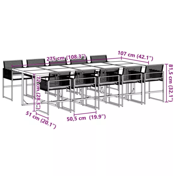11 részes fekete polyrattan kerti étkezőgarnitúra párnákkal