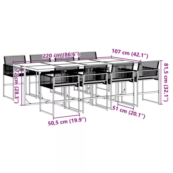 9 részes fekete polyrattan kerti étkezőgarnitúra