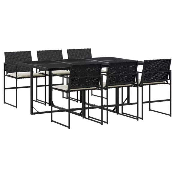 7 részes fekete polyrattan kerti étkezőgarnitúra párnával