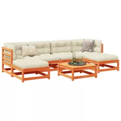   7 részes viaszbarna tömör fenyőfa kerti ülőgarnitúra párnákkal