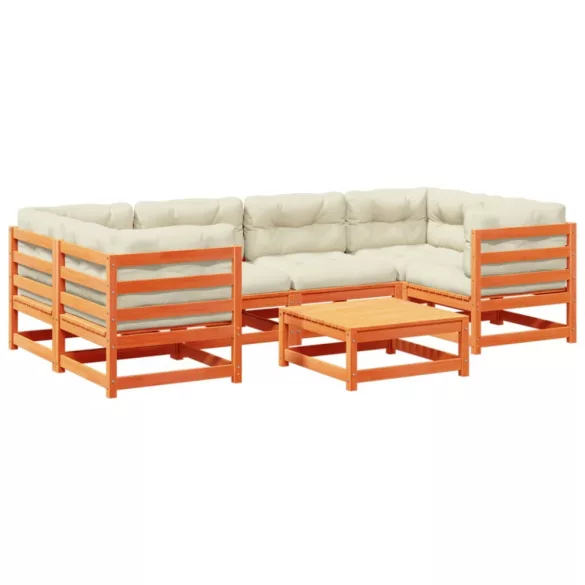 7 részes viaszbarna tömör fenyőfa kerti ülőgarnitúra párnákkal