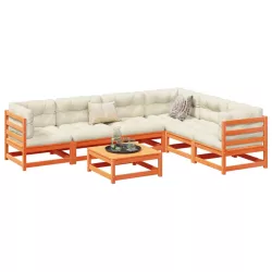   7 részes viaszbarna tömör fenyőfa kerti ülőgarnitúra párnákkal