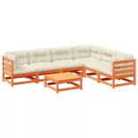 7 részes viaszbarna tömör fenyőfa kerti ülőgarnitúra párnákkal