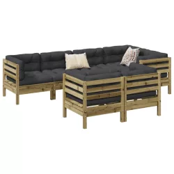   7 részes impregnált fenyőfa kerti ülőgarnitúra párnákkal