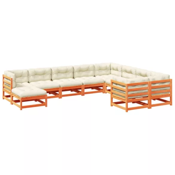 10 részes viaszbarna tömör fenyőfa kerti ülőgarnitúra párnákkal