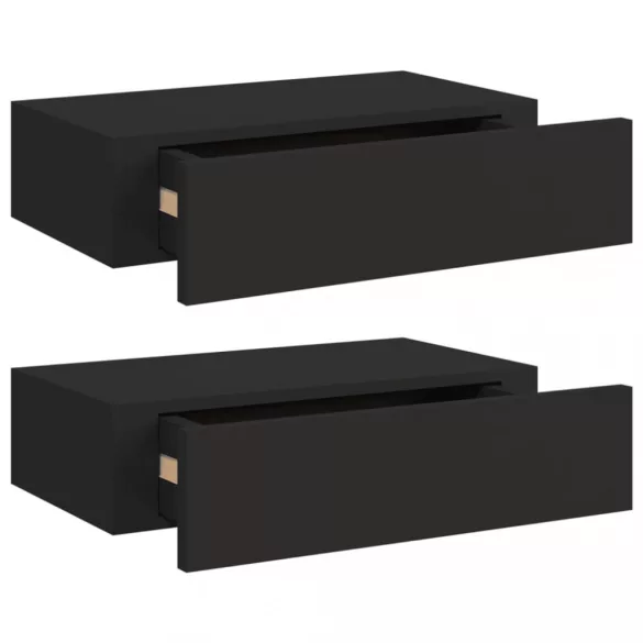 2 db fekete MDF falra szerelhető fiókos polc 40 x 23,5 x 10 cm