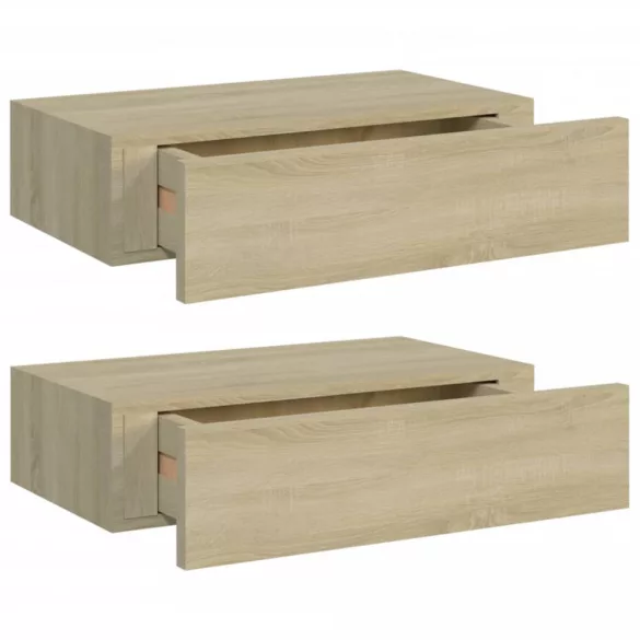 2 db tölgyszínű MDF falra szerelhető fiókos polc 40x23,5x10 cm