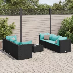   7 részes fekete polyrattan kerti ülőgarnitúra párnákkal