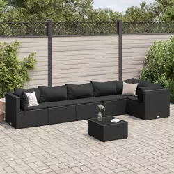   7 részes fekete polyrattan kerti ülőgarnitúra párnákkal