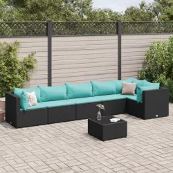   7 részes fekete polyrattan kerti ülőgarnitúra párnákkal