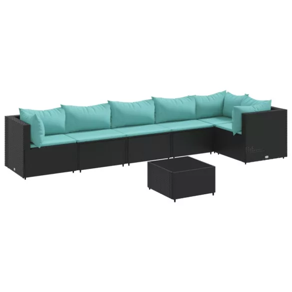 7 részes fekete polyrattan kerti ülőgarnitúra párnákkal