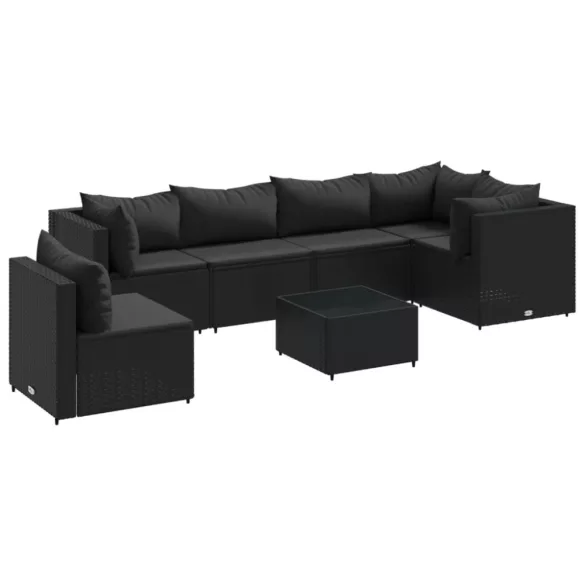7 részes fekete polyrattan kerti ülőgarnitúra párnákkal