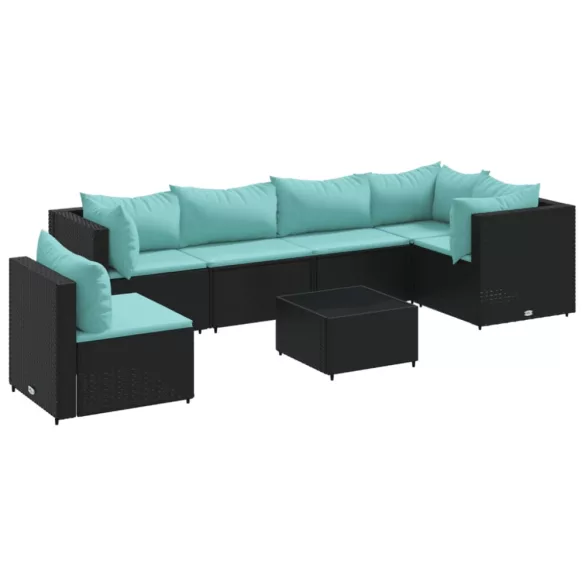 7 részes fekete polyrattan kerti ülőgarnitúra párnákkal