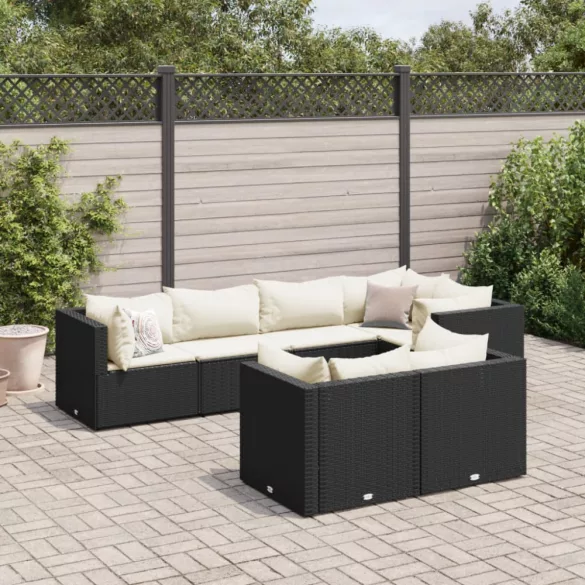 7 részes fekete polyrattan kerti ülőgarnitúra párnákkal