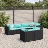7 részes fekete polyrattan kerti ülőgarnitúra párnákkal
