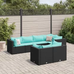   7 részes fekete polyrattan kerti ülőgarnitúra párnákkal
