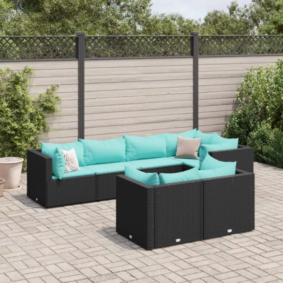 7 részes fekete polyrattan kerti ülőgarnitúra párnákkal