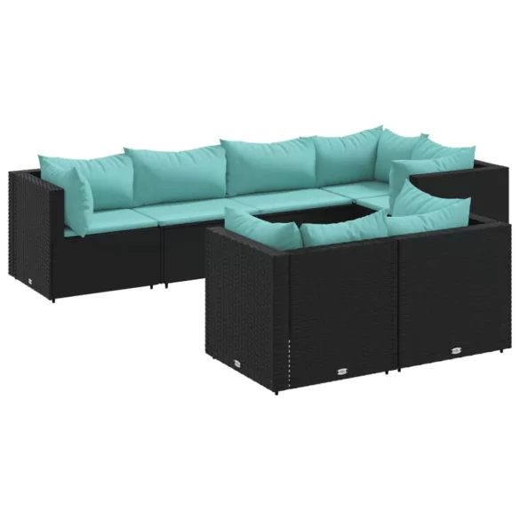 7 részes fekete polyrattan kerti ülőgarnitúra párnákkal