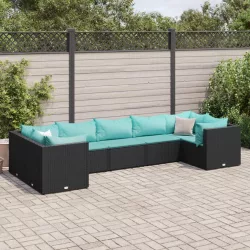   7 részes fekete polyrattan kerti ülőgarnitúra párnákkal