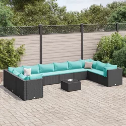   11 részes fekete polyrattan kerti ülőgarnitúra párnákkal