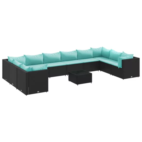 11 részes fekete polyrattan kerti ülőgarnitúra párnákkal