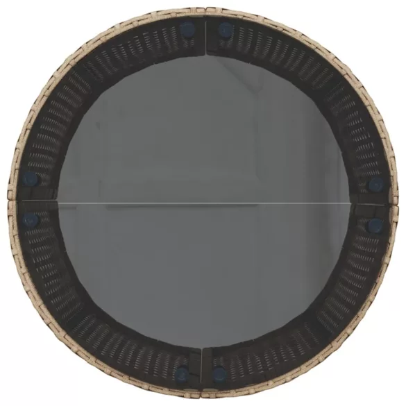 félkör alakú bézs polirattan kerti kanapé asztallal és párnával