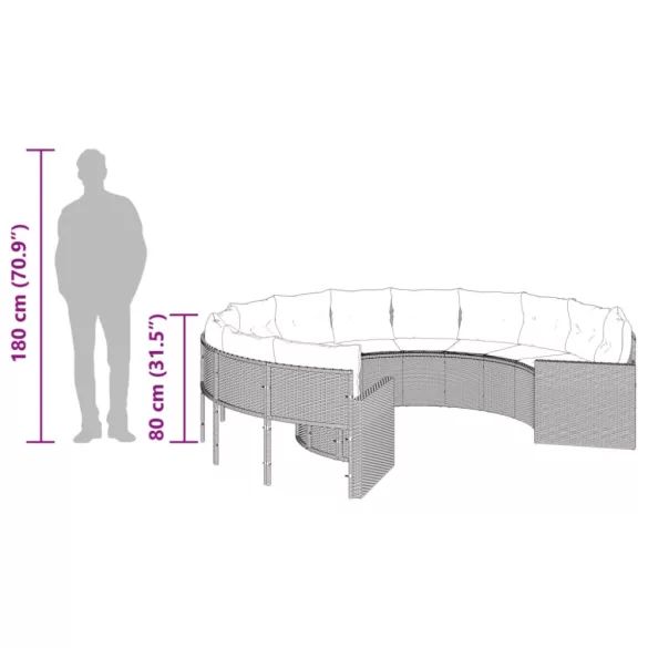 fekete polirattan kerek kerti kanapé párnákkal