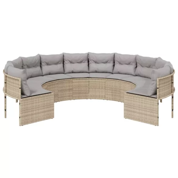 bézs polirattan kerek kerti kanapé párnákkal