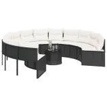 fekete polirattan kerek kerti kanapé asztallal és párnákkal