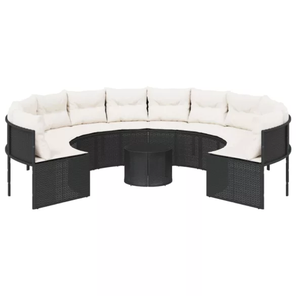 fekete polirattan kerek kerti kanapé asztallal és párnákkal