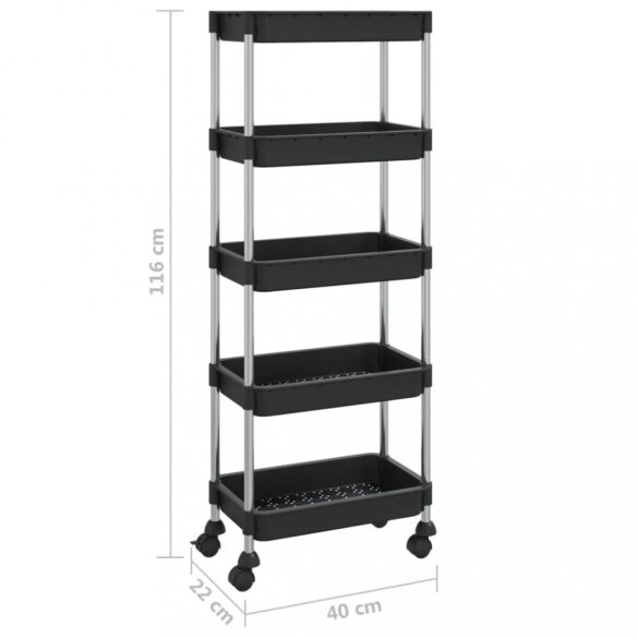 5 szintes fekete vas és ABS konyhai kocsi 42 x 29 x 128 cm
