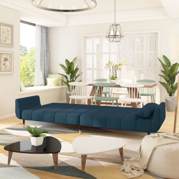 kétszemélyes kék bársony kanapéágy két párnával