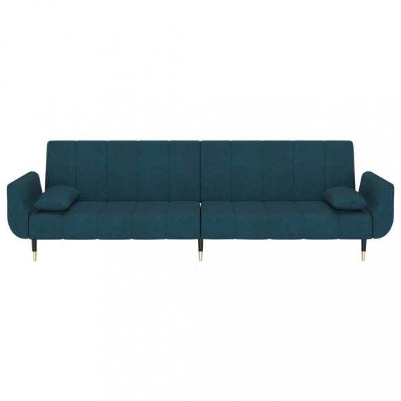 kétszemélyes kék bársony kanapéágy két párnával