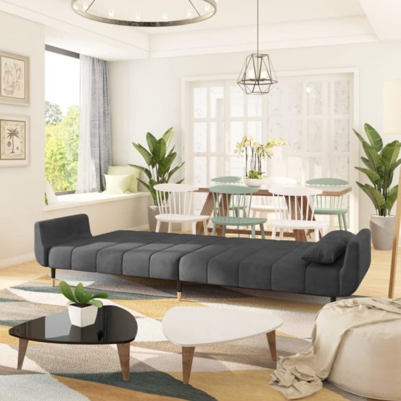 kétszemélyes sötétszürke bársony kanapéágy 2 párnával