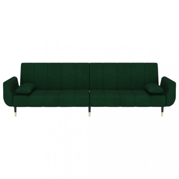 kétszemélyes sötétzöld bársony kanapéágy két párnával