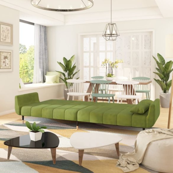 kétszemélyes világoszöld bársony kanapéágy két párnával