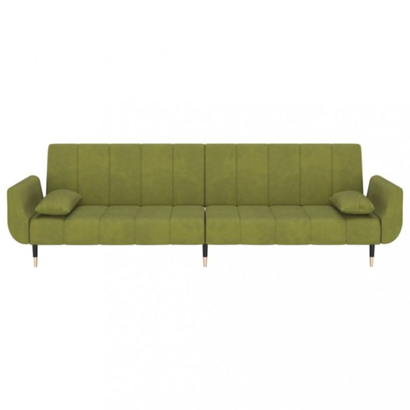 kétszemélyes világoszöld bársony kanapéágy két párnával