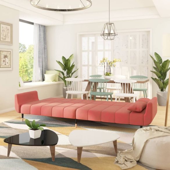 kétszemélyes rózsaszín bársony kanapéágy két párnával